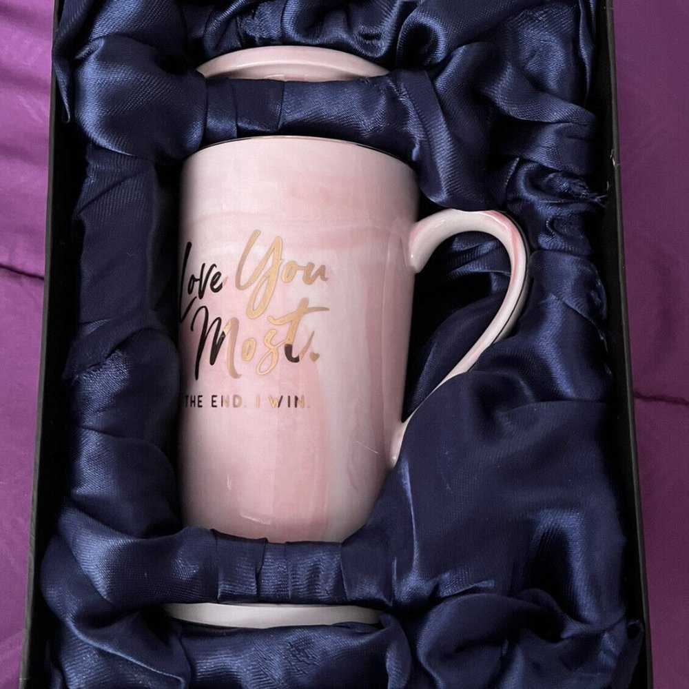 14 oz Pink Marble Mug Gift Set with Box, "Love you Most, The End, I win."